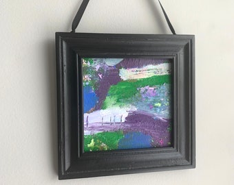 Original Framed Abstract Mini Painting,Colorful Modern Artwork,Blue,Green,Purple,4x4 Hand Painted Unique Gift For Bedroom,Living Room,Office