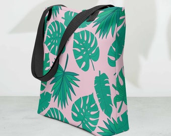 Large Tote Bag,Pink Tote Bag with Tropical Leaf Pattern,Reusable Shopping Bag,Beach Bag,Book Bag,Gift For Mothers Day,Gift For Her