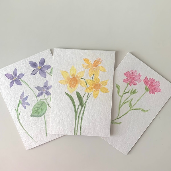 Hand Painted Original Birth Flower Watercolor Art Greeting Cards,5x7 Blank Inside,All Occasion,Carnations,Violets,Daffodils,Floral Cards