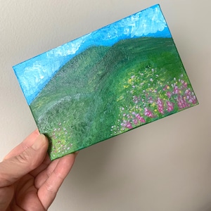 Original Mountain & Wildflower Painting: Mini Acrylic Landscape Art