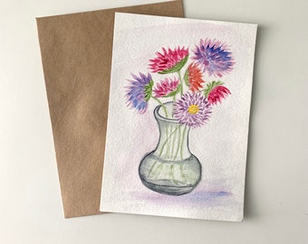 Hand Painted Original Botanical Watercolor Art Greeting Card,Flowers in Vase, 5x7 Blank Inside,All Occasion,Birthday,Mother's Day Card