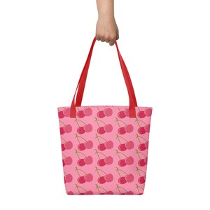 Cute Cherry Pattern Tote bag,Large Reusable Shopping Bag,Modern Colorful Red & Pink Summer Fruit Design,Groceries, Farmers Market,Library image 7