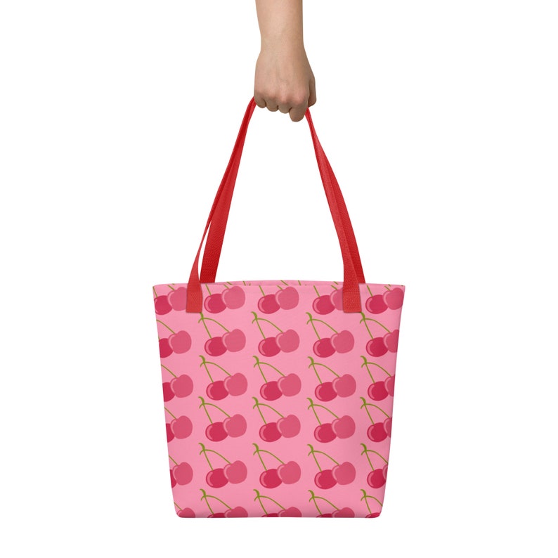 Cute Cherry Pattern Tote bag,Large Reusable Shopping Bag,Modern Colorful Red & Pink Summer Fruit Design,Groceries, Farmers Market,Library image 7