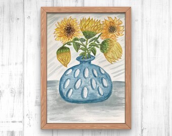 Original Watercolor Sunflowers in Blue Vase Painting/Sunflower Art/Sunflower Wall Art/Still Life Painting/Gift For Sunflower Lovers/9x12