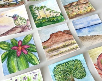 Original Nature Watercolor Mini Painting: 3x3 Collectible Art
