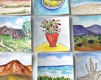 Tiny Watercolor Paintings: Nature-Inspired Miniature Art,3x3 Original Artwork