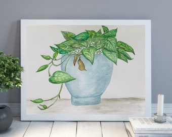 Original Watercolor Plant Painting,9x12 Still Life Pothos Potted Plant Artwork,Houseplant Wall Art,Gift For Plant Parent,Nature Lovers