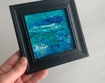 Original Framed Abstract Mini Painting,Colorful Modern Artwork,Blue,Green,4x4 Hand Painted Unique Gift For Art Lover,Small Abstract Wall Art