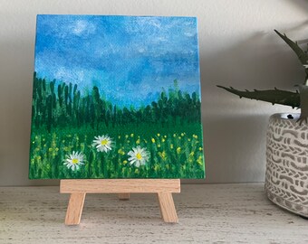 Original Mini Painting,Small Acrylic on Canvas With Easel,4x4,Abstract Landscape,Gift For Nature Lovers,Housewarming Gifts,Desk or Shelf Art