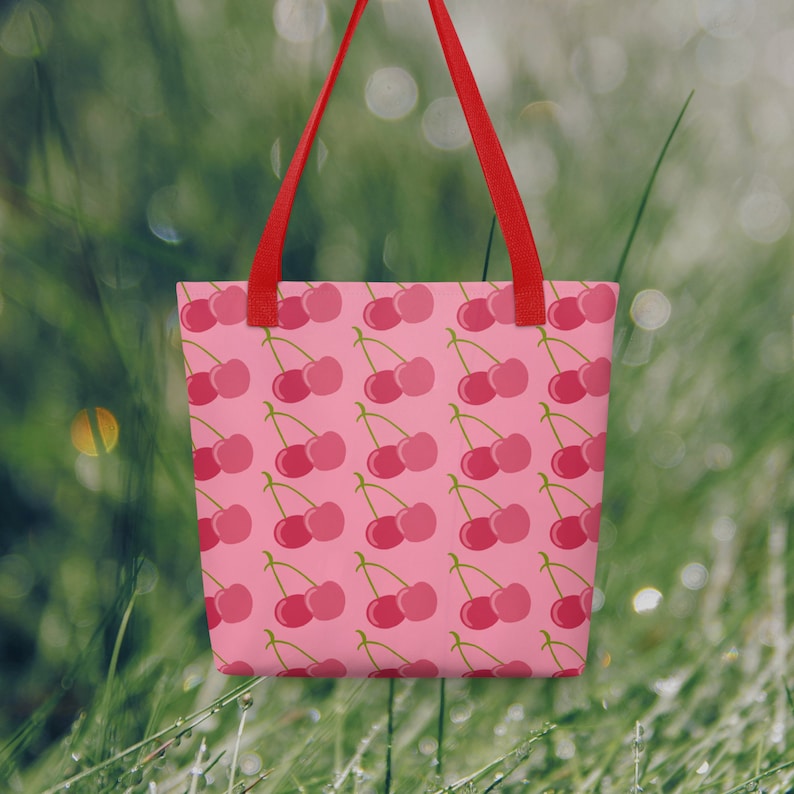 Cute Cherry Pattern Tote bag,Large Reusable Shopping Bag,Modern Colorful Red & Pink Summer Fruit Design,Groceries, Farmers Market,Library image 4