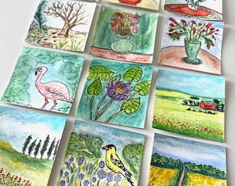 Original Mini Watercolor Paintings-3x3" Collectible Art-Nature Inspired Small Gifts
