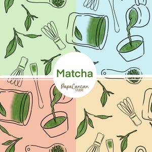 Könnte beinhalten: Ein farbenfrohes Muster mit Illustrationen zum Thema Matcha. Das Design umfasst Matcha-Besen, Löffel, Blätter und gießenden Matcha, mit dem Wort "Matcha" und "PapaCancan Studio" in einem weißen Kreis.