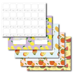 Può includere: Una pila di fogli di cancelleria colorati con vari motivi di frutta, tra cui limoni, arance, mango e anguria. I fogli superiori sono bianchi con una griglia di caselle e linee vuote per le note.