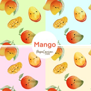 May include: A seamless pattern featuring cartoon mango illustrations with smiling faces. The mangoes are in various shades of yellow, orange, and green. The background is a pastel color palette of light blue, green, pink, and yellow.
