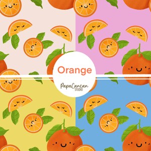 Puede incluir: Un patrón sin costuras con naranjas de dibujos animados con caras felices sobre un fondo amarillo, rosa y azul. El texto "Orange PapaCancan STUDIO" está en el centro de la imagen.