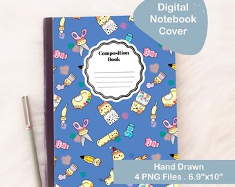 Schattig briefpapier afdrukbare compositie notebookomslag, digitaal patroon, png-download, handgetekende, digitaal ontwerp, 4 bestanden, blauw en geel