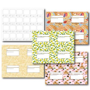 May include: A collection of colorful, patterned notepads. Designs include food-themed patterns like sushi, avocado, and pastries, along with a notepad with blank boxes for lists. Each notepad has a white space for writing.