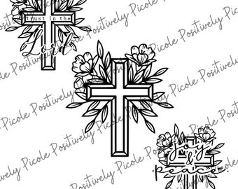 Può includere: Illustrazione in bianco e nero di tre croci con disegni floreali. Le croci hanno il testo "trust in the Lord", "joy & peace" e una croce vuota.