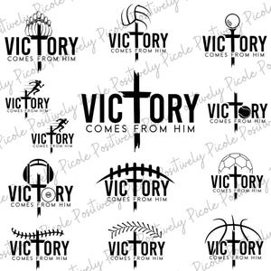 Pode incluir: Uma coleção de gráficos em preto e branco com a palavra "VICTORY" acima de "COMES FROM HIM" com vários equipamentos esportivos e símbolos, incluindo uma cruz, pinos de boliche, uma bola de voleibol e uma bola de golfe.