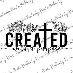 Op de afbeelding: Zwart-wit grafisch ontwerp met een kruis en de tekst "CREATED with a purpose".