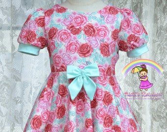 Size 6 Pink Red and Aqua Roses Twirl Dress