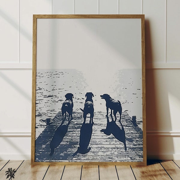 Sunset Dog View | Cute Dogs On Lookout | Summer Dogs On Lake Dock | Art For Dog Lover | Lake Home Cottage Decor | Rustic Coastal | Navy Blue