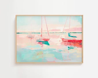 Sailboat Red Sky Delight | Colorful Soft Pastel Painting | Watercolor Artwork | Nautical Seascape Wall Decor | Ocean Bay Gulf Home Decor