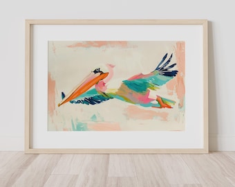 Pelican Fly Over | Colorful Sea Life | Pastel Coastal Painting For Pelican Lovers | Summer Beach Wall Art | Colorful Ocean Animal Print
