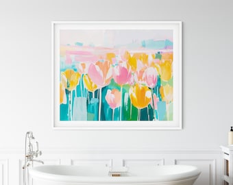 色とりどりの花が咲くチューリップの絵画 - 抽象的な春の田園風景