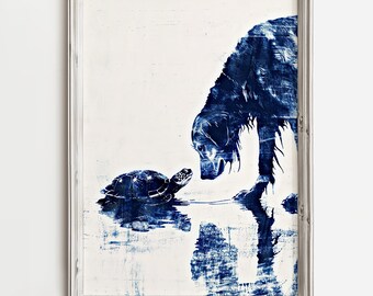 Golden Retriever e tartaruga marina / Arte con cani da mare costieri / Adorabile stampa di schizzi sulla spiaggia / Arte estiva per gli amanti dei cani / Decorazione di cottage sul lago