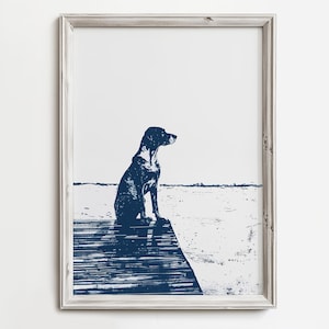 Dogside Dog Watch | Peacefu Dog Art Print | Dog Sitting On Dock | Summertime Beach Cottage Decor | Dog Lover Art | Blue Sketch