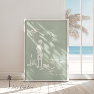 Boy Under Palm | Beach Day Sketch | Simplistic Beach Life | Nursery Children&#39;s Room - Green Abstract Cottage Print | Kids Room Wall Decor