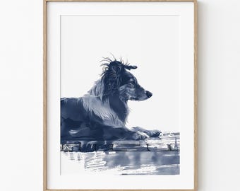 Rough Collie-horloges | Hondenprofielkunstwerk | Kust Decoratie aan zee | Abstracte blauwe schetsafdruk | Beach House Cottage-kunst | Collie Lover Art