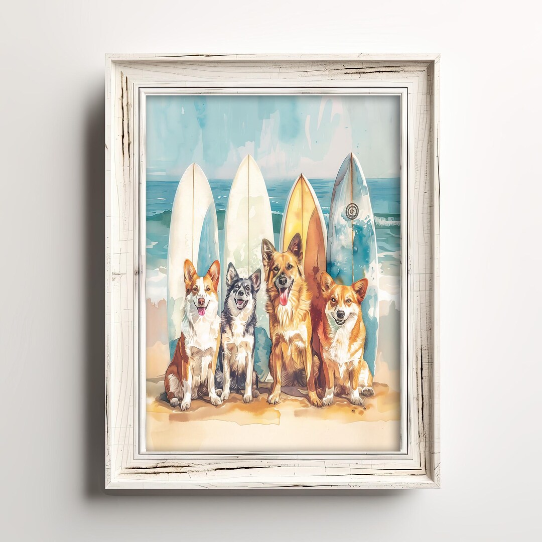 サーフィンする犬のポーズ | 海のサーファー犬好きアート | 楽しい