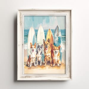 Surfing Doggos Pose | Ocean Surfer Dog Lover Art | Fun Whimsical Painting | Coastal Beach Waterdogs Print | Colorful Pastel Watercolor