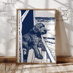 Happy Beach Doodle Enjoying View - Vintage Coastal Home Print - Nursery Family Bed Bathoom Wall Art Adorable Fun Dog Lover Navy Blue Sketch