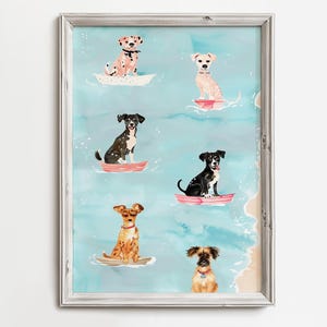 Whimsical Boating Dogs | Nautical Dog Lover Art | Fun Whimsical Painting | Coastal Girls Beach Waterdogs Print | Colorful Pastel Watercolor