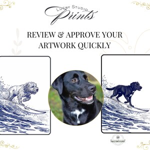 May include: Artwork featuring a black Labrador surfing a wave, and a white dog surfing a wave. The image includes the text "Review & Approve Your Artwork Quickly" and the logo "Lucky Studio Prints".