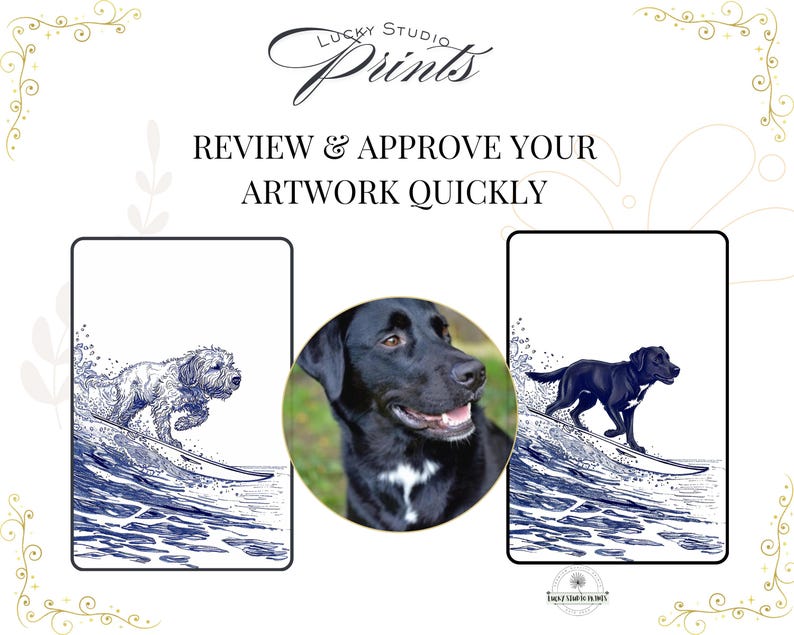 May include: Artwork featuring a black Labrador surfing a wave, and a white dog surfing a wave. The image includes the text "Review & Approve Your Artwork Quickly" and the logo "Lucky Studio Prints".