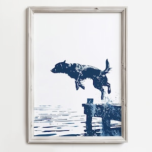Happy Waterdog Leap | Summer Lake Dog Art | Cute Jumping Waterdog Print | Home Wall Decor For Dog Lovers | Blue Color Sketch | Beach Cottage