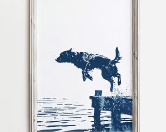 Happy Waterdog Leap | Summer Lake Dog Art | Cute Jumping Waterdog Print | Home Wall Decor For Dog Lovers | Blue Color Sketch | Beach Cottage