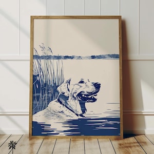 Labrador Retriever Water Walk | Happy Coastal Dog Print | Dog Lover Art | Summertime Beach Cottage Decor | Home Wall Art | Blue Sketch