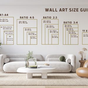 Pu&ograve; includere: Una guida alle dimensioni dell'arte da parete con diversi rapporti e misure in pollici e centimetri. La guida include dimensioni per i rapporti A1, A2, A3, A4, 11x14, 2:3, 3:4 e 4:5.