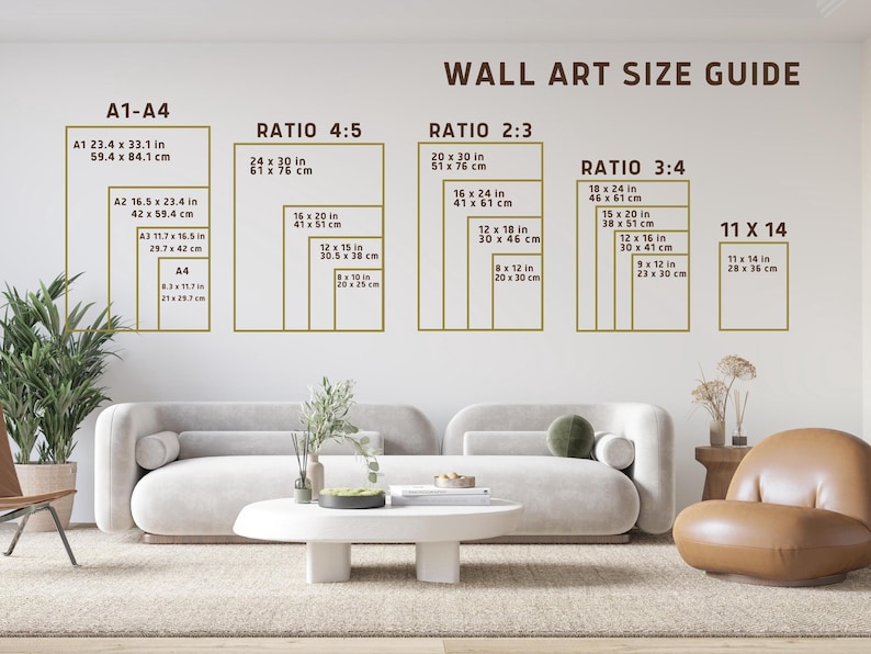 Pu&ograve; includere: Una guida alle dimensioni dell'arte da parete con diversi rapporti e misure in pollici e centimetri. La guida include dimensioni per i rapporti A1, A2, A3, A4, 11x14, 2:3, 3:4 e 4:5.