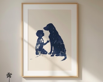 May include: A blue silhouette of a child and a dog, the child is looking up at the dog and the dog is looking down at the child, both are in a hugging pose, the image is on a cream background.