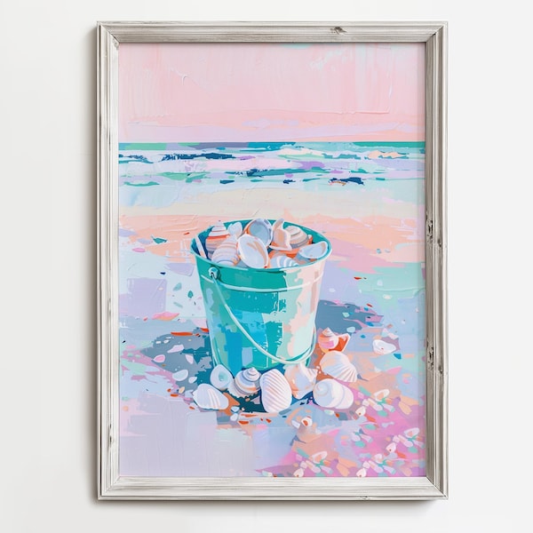 Sea Shell Bucket Print | Colorful Pastel Painting | Pink Blue Coastal Artwork | Sea Life Abstract | Impressionist Art | Shelling Wall Decor