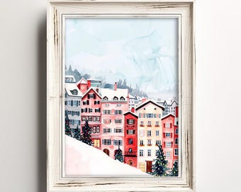 Powdered Hillside Row | Retro Townhomes | Winter Fine Art Painting | Christmas Holiday Artwork | Snow Season Print | Impressionist Decor
