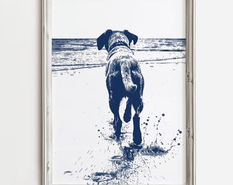 May include: A blue silhouette of a dog running on a beach with blue water in the background. The dog is facing away from the viewer and has its tail wagging. There are blue water splashes on the sand.
