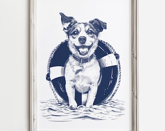ブイの中の幸せなテリアのアートプリント - 夏の犬好きのための装飾