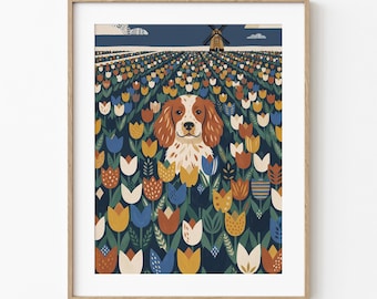 Spaniel In Tulip Field | Navy Mustard Folk Gouache Art | Dutch Farmhouse Floral Decor | Dog Lover Gift | Ready To Frame Print